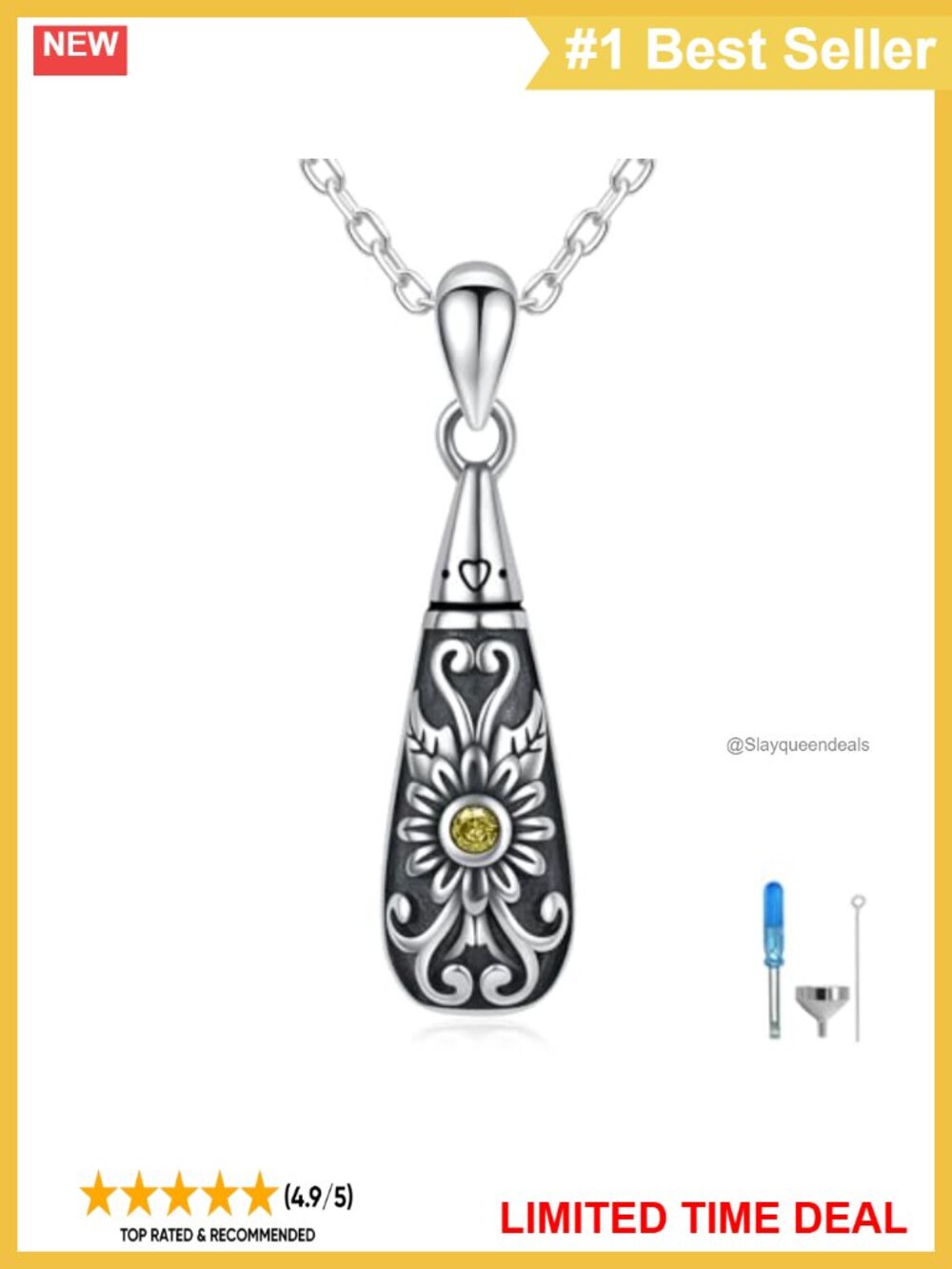 925 Sterling Silver Teardrop Urn Pendant Necklace 18 in Memorial Keepsake